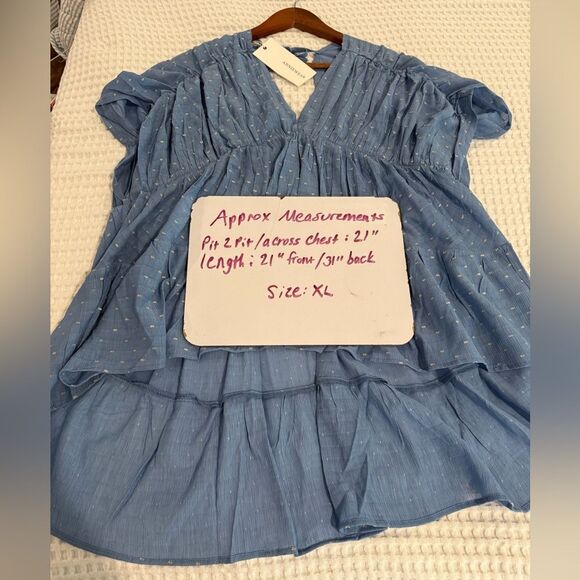 New AnnieWear Blue with Gold Boho Ruffled Asymmetrical Flowy Cap Sleeve Blouse - Picture 6 of 7